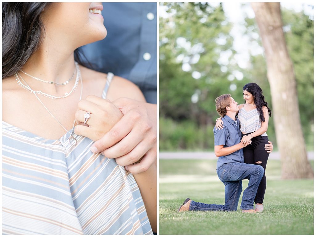 Engaged couple posing together aT Wall Lake, South Dakota during engagement session at sunset
