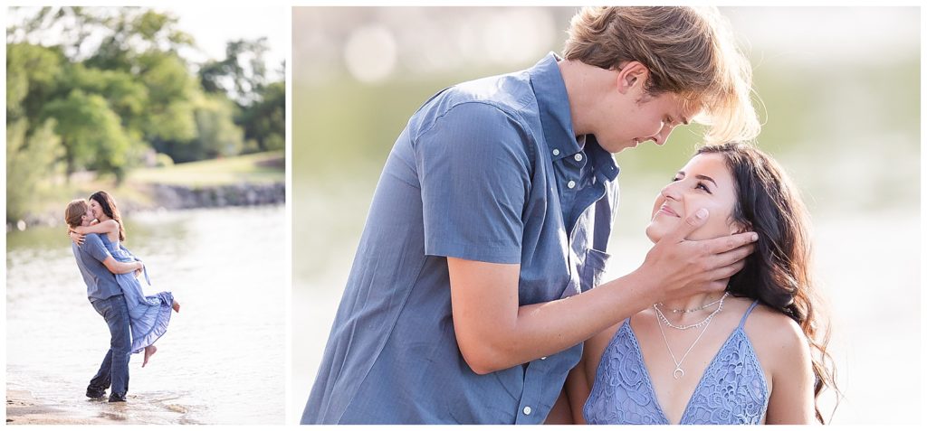 Engaged couple walking together at Wall Lake, South Dakota during engagement session at sunset