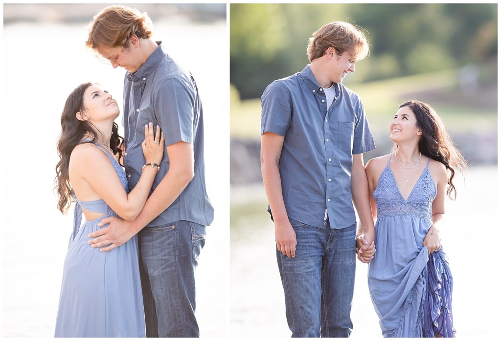 Engaged couple walking together at Wall Lake, South Dakota during engagement session at sunset