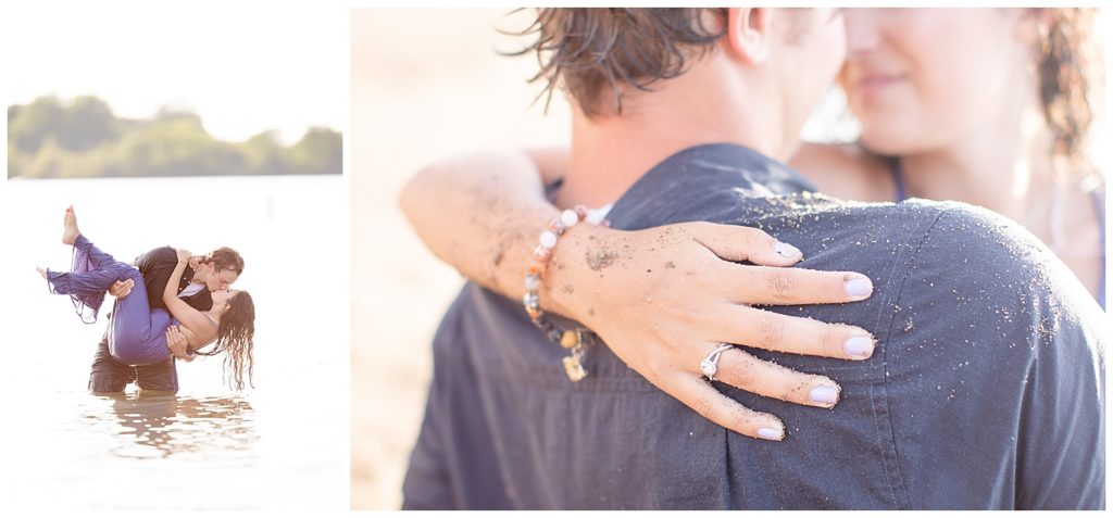 Engaged couple dancing and kissing in Wall Lake, South Dakota during engagement session at sunset