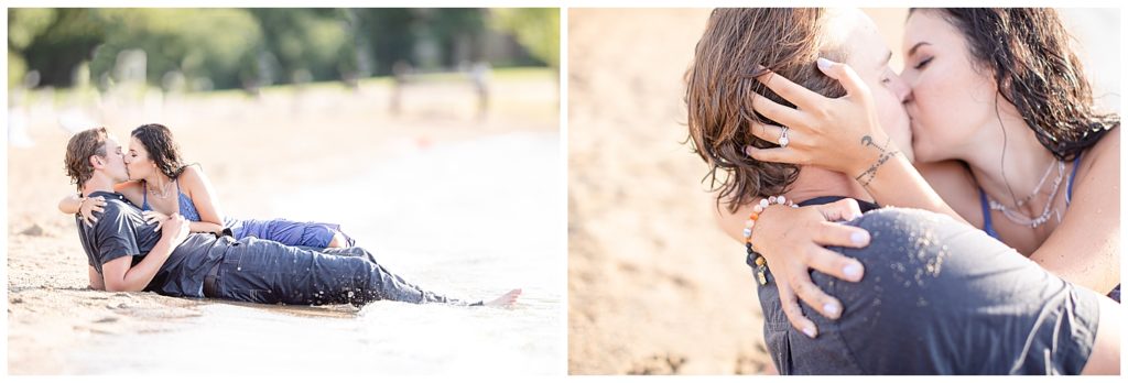Couple laying and kissing on the shore of Wall Lake, South Dakota during sunset