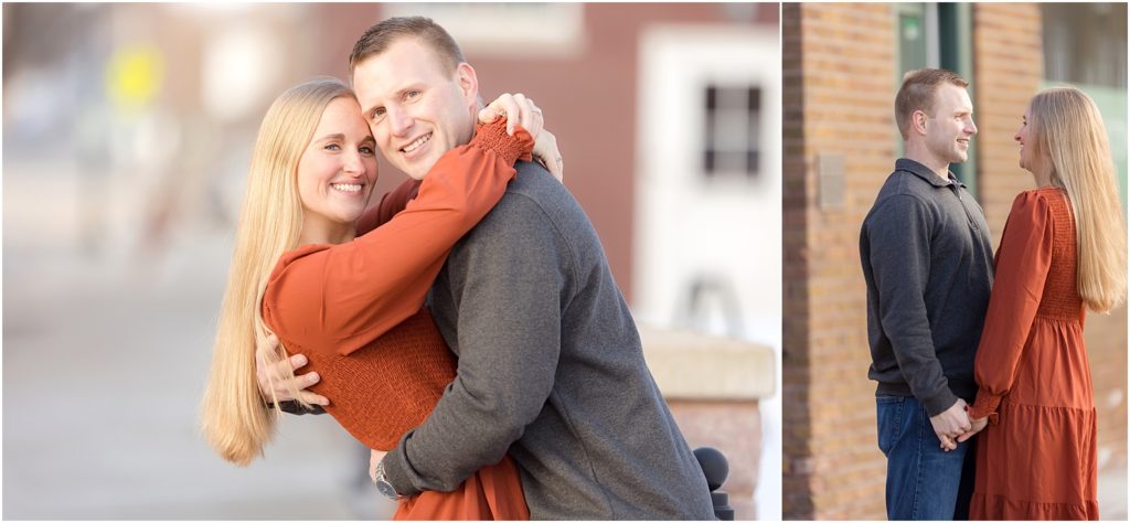 Engaged couple walking Downtown Sioux Falls during winter