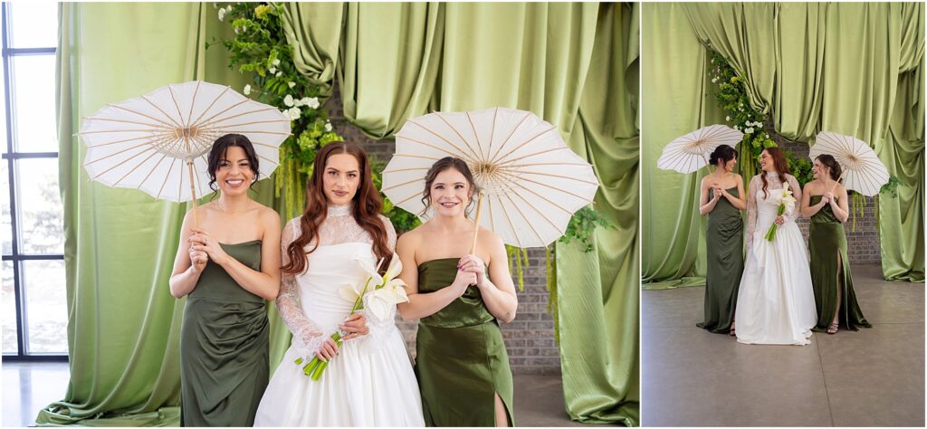 Green wedding decor - Best wedding photographers in my area - Bridesmaids with umbrellas 