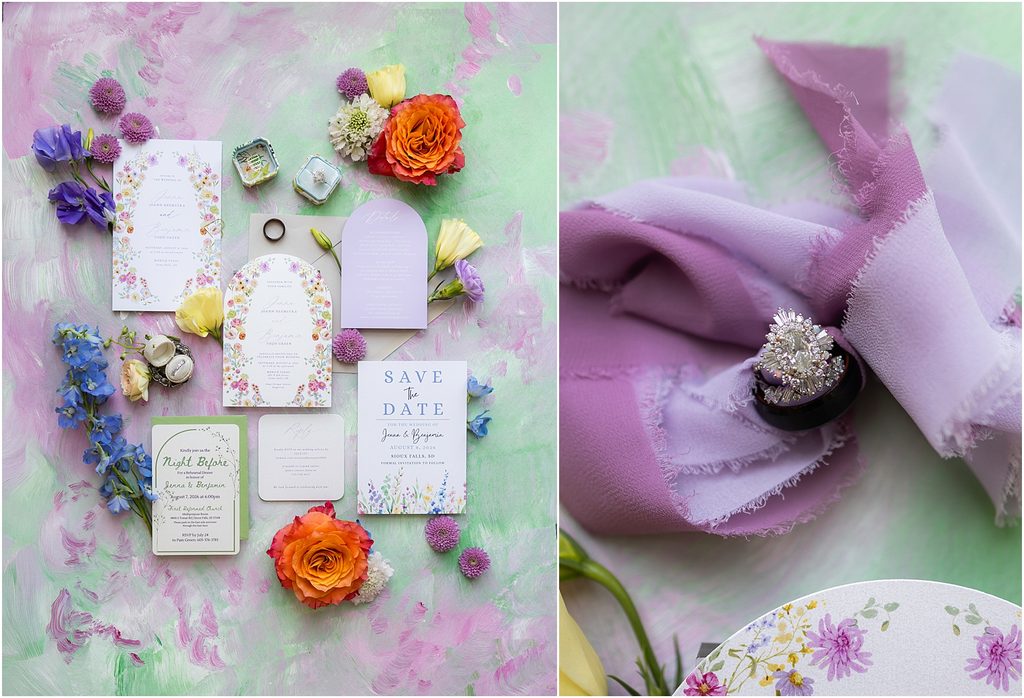 Green and purple wedding details. Luxury Wedding Photographer Sioux Falls, SD