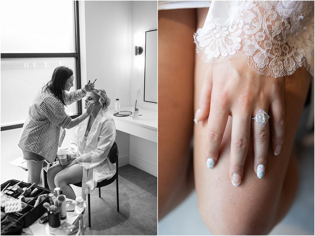 Bride getting ready at Monick Yards, SD. Summer downtown Sioux Falls wedding
