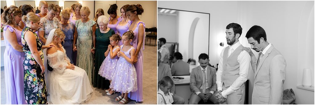 Bride and groom praying at Monick Yards wedding venue. Luxury Wedding Photographer in Sioux Falls, SD