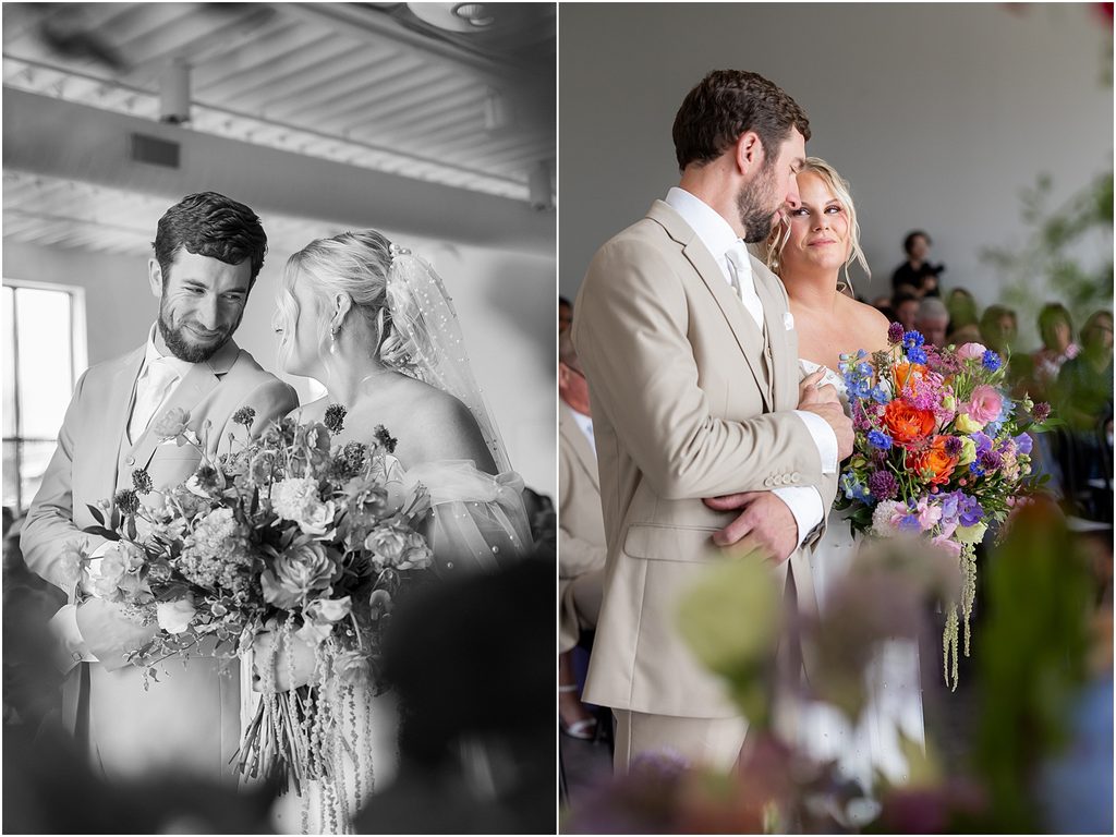 Bride and groom look at each other at Wedding ceremony at Monick Yards wedding venue. Sioux Falls, SD