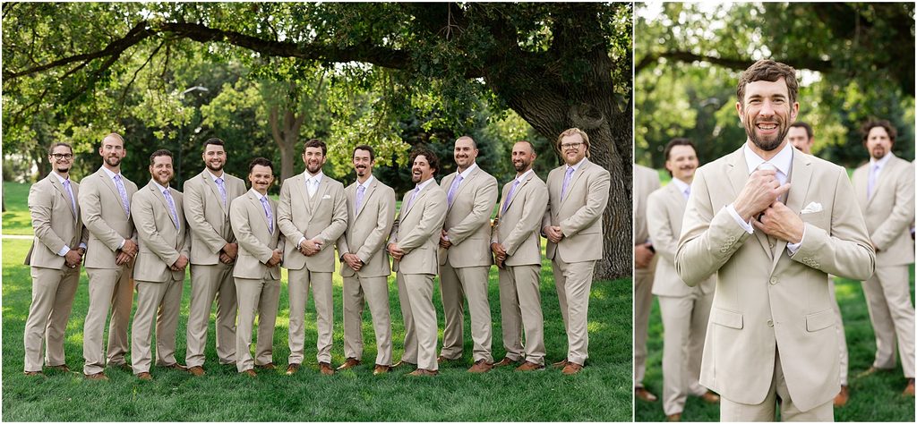 Groom and groomsmen at Sioux Falls, South Dakota. Champagne and purple colors and captured by luxury wedding photographer Patty Solis Photography.