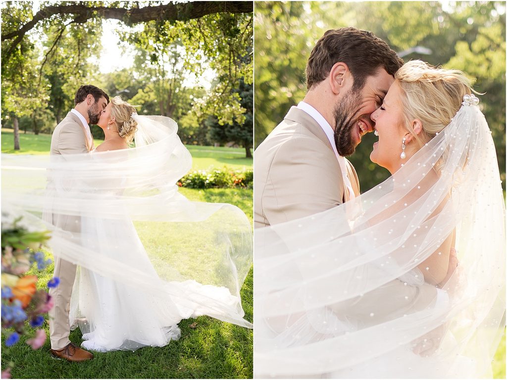 Bride and groom posing happily at Tuthill Park in Sioux Falls, SD. Captured by Patty Solis Photography in Sioux Falls, South Dakota.