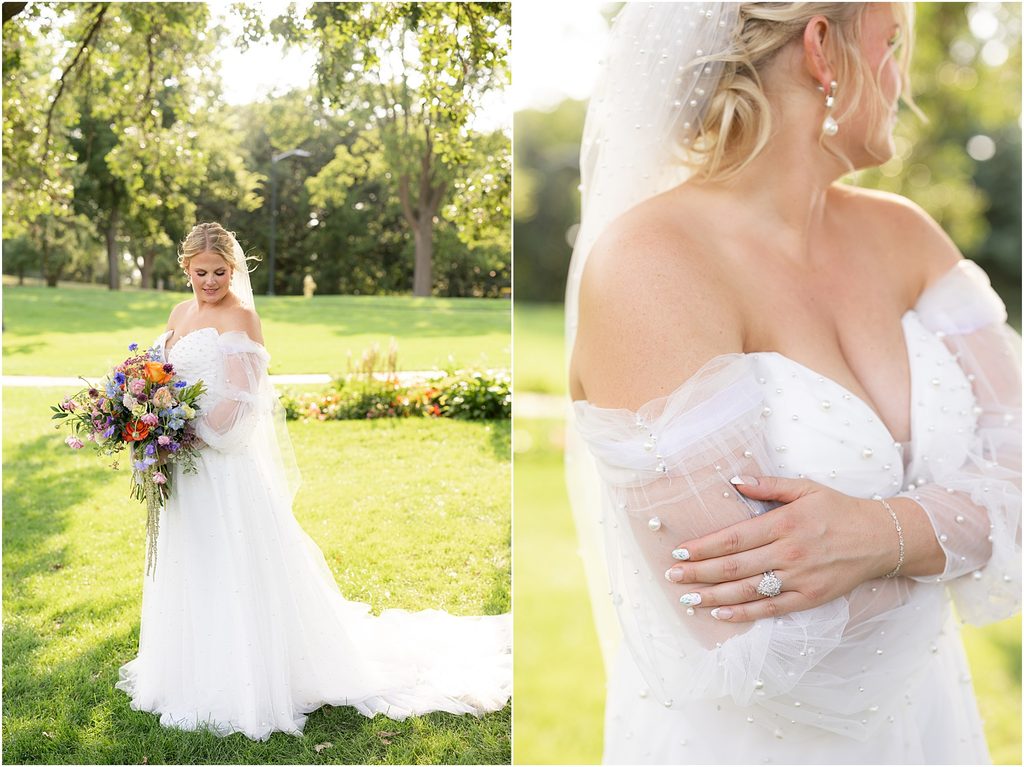 Bride posing happily at Tuthill Park in Sioux Falls, SD. Captured by Patty Solis Photography in Sioux Falls, South Dakota.