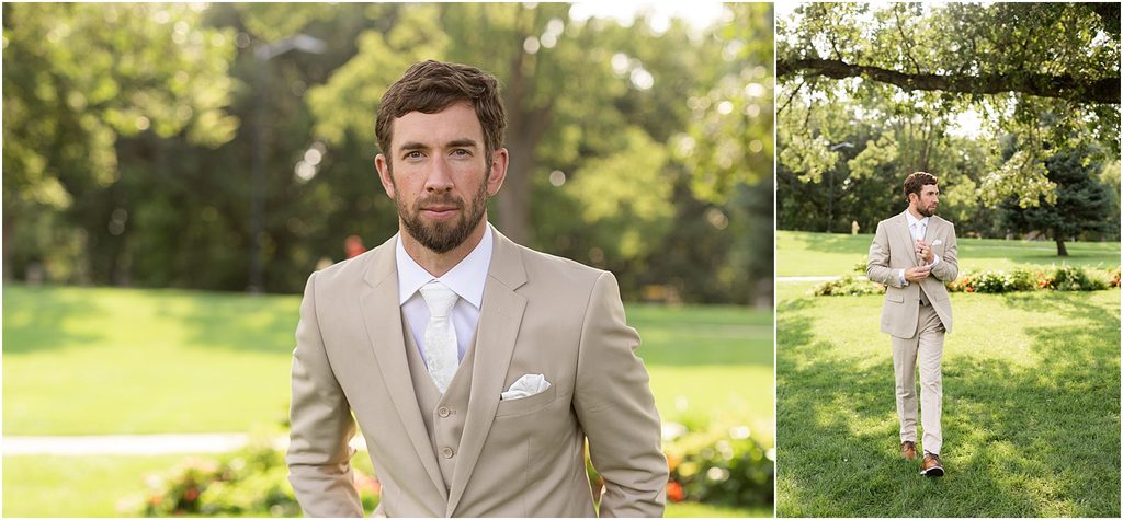 Groom posing happily at Tuthill Park in Sioux Falls, SD. Captured by Patty Solis Photography in Sioux Falls, South Dakota.