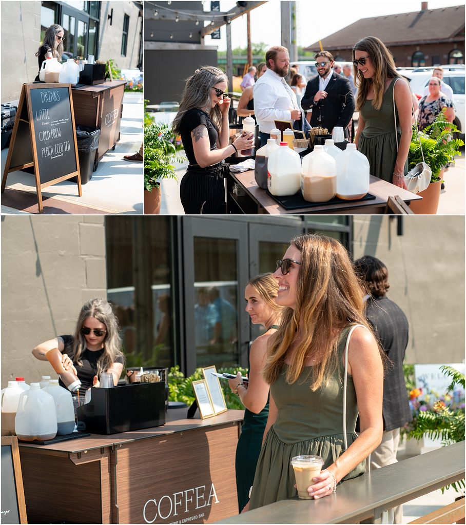 Monick Yards wedding venue during cocktail hour. Guests enjoying the time with an espresso bar at Sioux Falls, SD.