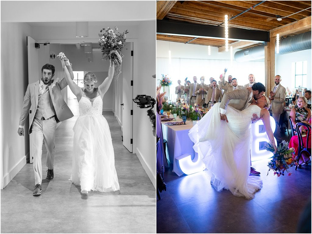 Bride and groom during big entrance and coming into reception. Monick Yards wedding venue. Sioux Falls, SD