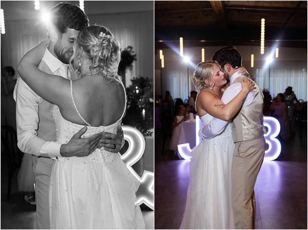 Bride and groom dancing during their wedding reception at Monick Yards wedding venue. Sioux Falls, SD. Summer wedding.
