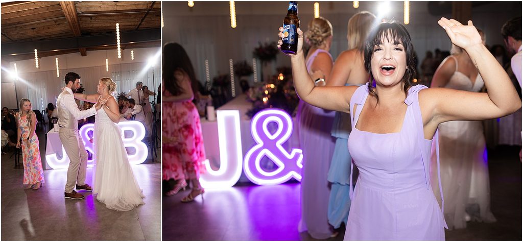 Bride and groom dancing with their guests during their wedding reception at Monick Yards wedding venue. Sioux Falls, SD. Summer wedding.